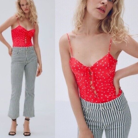 NWT Zara Red & White Star Print Strappy Lace Up Bodysuit Small - Picture 2 of 16